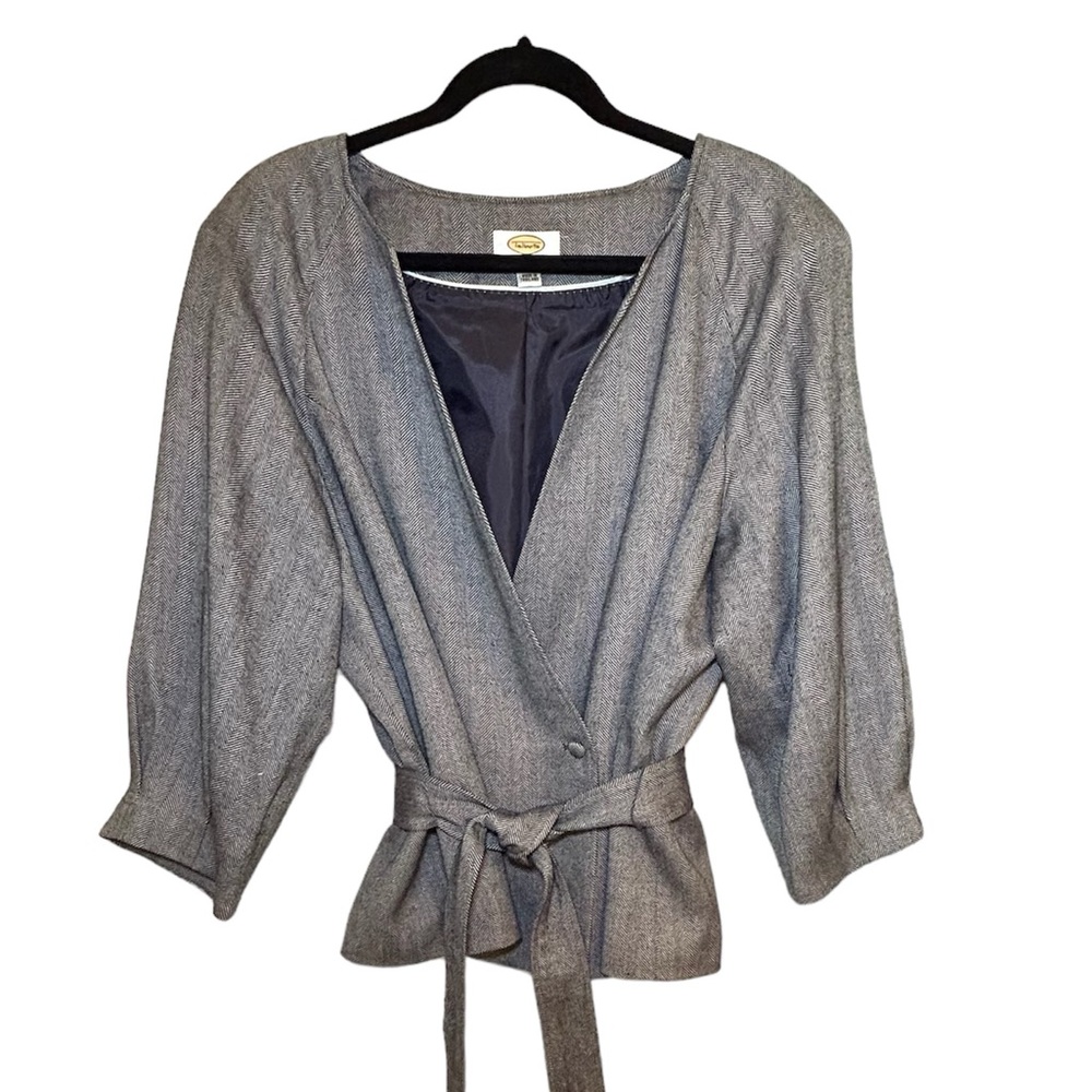 Talbots Navy & White Wool/Linen Herringbone Tapered Sleeve Tie Jacket Size 14W